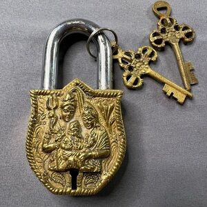 Vintage Solid Brass Indian Padlock w/ Keys – Hindu Motif – Heavy Decorative Lock